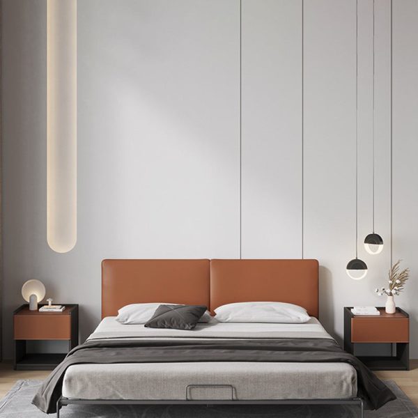 Modern Minimalist Saddle Leather & Plank Square Nightstand With Wireless Charging & 1-Drawer For Bedroom