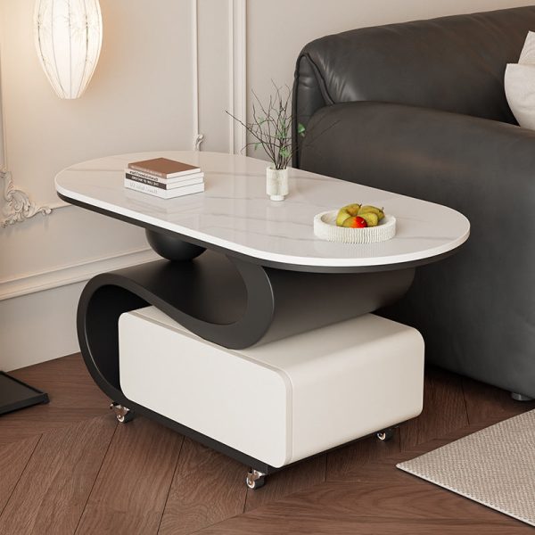 Contemporary Nordic Rock Slab & Carbon Steel Oval Coffee Table With 1-Drawer For Living Room And Bedroom