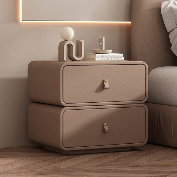 Contemporary Nordic Microfiber Leather & Plank Square Nightstand With 2 Drawers For Bedroom And Living Room - Image 2