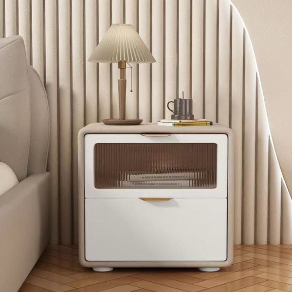 Contemporary Nordic Microfiber Leather, Wood & Glass Square Nightstand With 2 Drawers For Bedroom And Living Room - Image 10