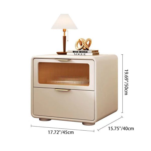 Contemporary Nordic Microfiber Leather, Wood & Glass Square Nightstand With 2 Drawers For Bedroom And Living Room - Image 5