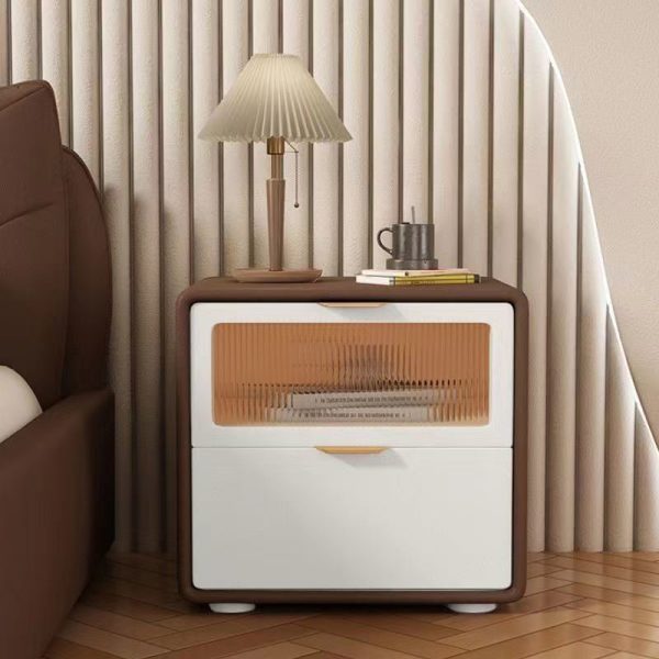 Contemporary Nordic Microfiber Leather, Wood & Glass Square Nightstand With 2 Drawers For Bedroom And Living Room - Image 16