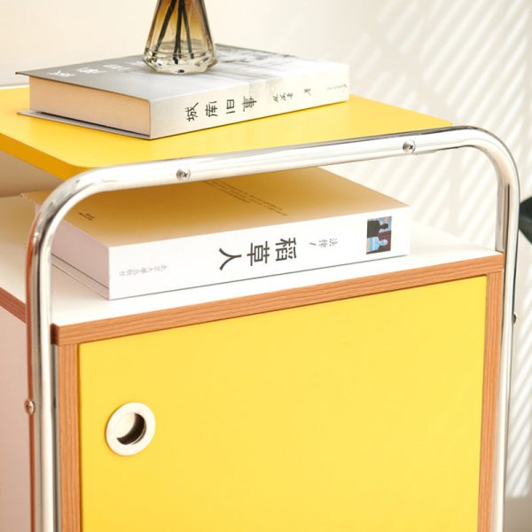 Contemporary Nordic Plank & Stainless Steel Rectangular Nightstand With 1-Cabinet For Bedroom And Living Room - Image 5