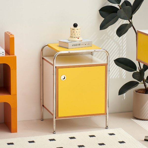 Contemporary Nordic Plank & Stainless Steel Rectangular Nightstand With 1-Cabinet For Bedroom And Living Room - Image 12