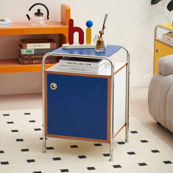 Contemporary Nordic Plank & Stainless Steel Rectangular Nightstand With 1-Cabinet For Bedroom And Living Room - Image 13
