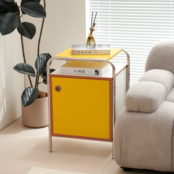 Contemporary Nordic Plank & Stainless Steel Rectangular Nightstand With 1-Cabinet For Bedroom And Living Room - Image 11