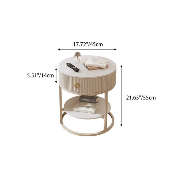 Modern Minimalist Rock Slab & Carbon Steel Round Side Table With 1-Drawer For Bedroom & Living Room - Image 4