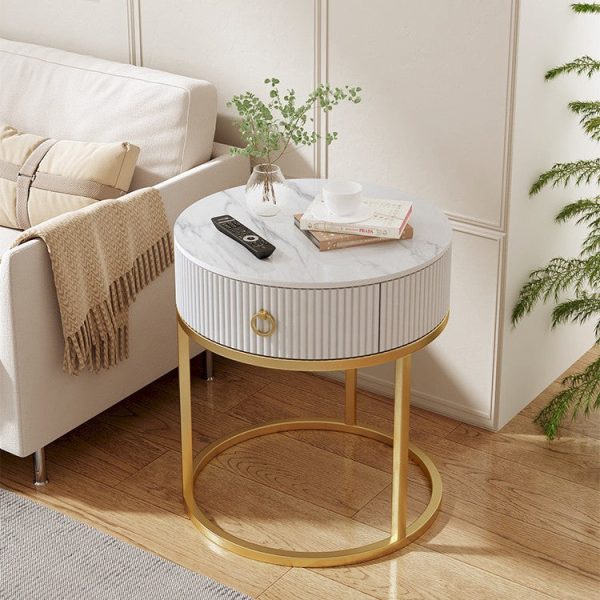 Modern Minimalist Rock Slab & Carbon Steel Round Side Table With 1-Drawer For Bedroom & Living Room