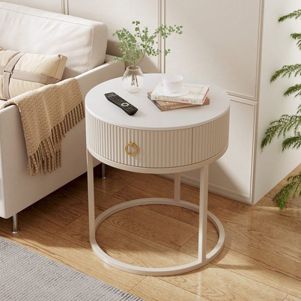 Modern Minimalist Rock Slab & Carbon Steel Round Side Table With 1-Drawer For Bedroom & Living Room - Image 11