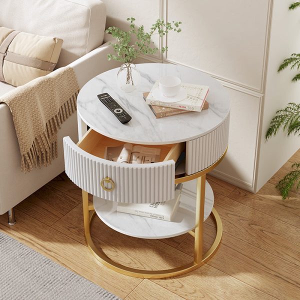 Modern Minimalist Rock Slab & Carbon Steel Round Side Table With 1-Drawer For Bedroom & Living Room - Image 8