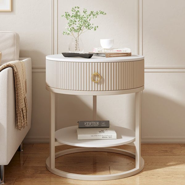 Modern Minimalist Rock Slab & Carbon Steel Round Side Table With 1-Drawer For Bedroom & Living Room - Image 10