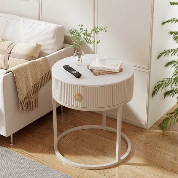 Modern Minimalist Rock Slab & Carbon Steel Round Side Table With 1-Drawer For Bedroom & Living Room - Image 3