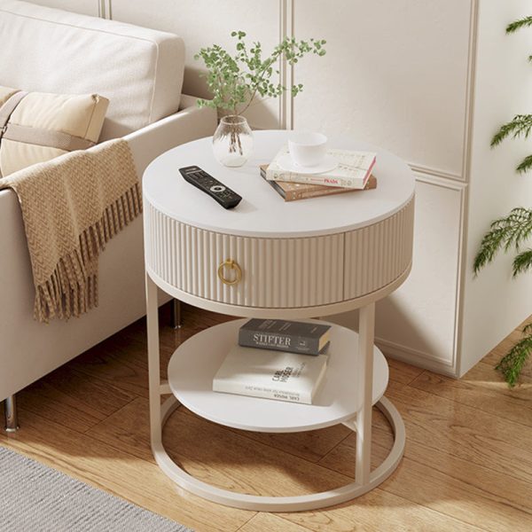 Modern Minimalist Rock Slab & Carbon Steel Round Side Table With 1-Drawer For Bedroom & Living Room - Image 13