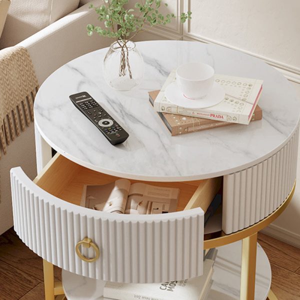Modern Minimalist Rock Slab & Carbon Steel Round Side Table With 1-Drawer For Bedroom & Living Room - Image 5