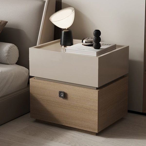 Modern Minimalist Oak Rectangular Nightstand With 2 Drawers & Smart Lock For Bedroom And Living Room