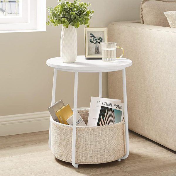 Modern Minimalist Metal Round Side Table With Fabric Basket Storage 2-Tier For Bedroom & Living Room
