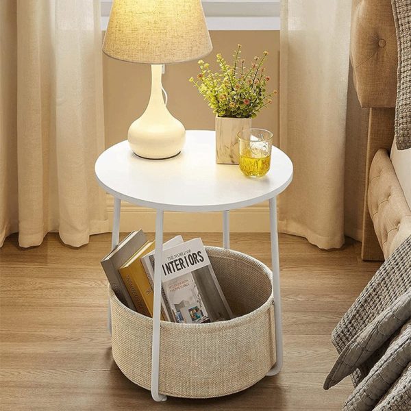 Modern Minimalist Metal Round Side Table With Fabric Basket Storage 2-Tier For Bedroom & Living Room - Image 2
