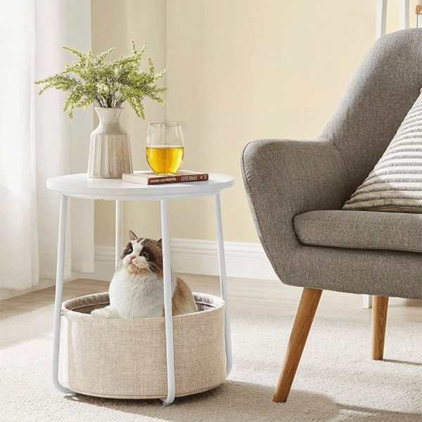 Modern Minimalist Metal Round Side Table With Fabric Basket Storage 2-Tier For Bedroom & Living Room - Image 3