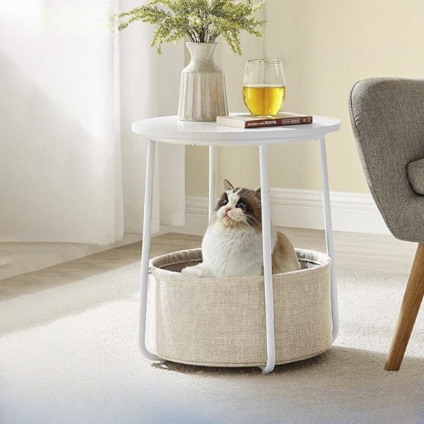 Modern Minimalist Metal Round Side Table With Fabric Basket Storage 2-Tier For Bedroom & Living Room - Image 7