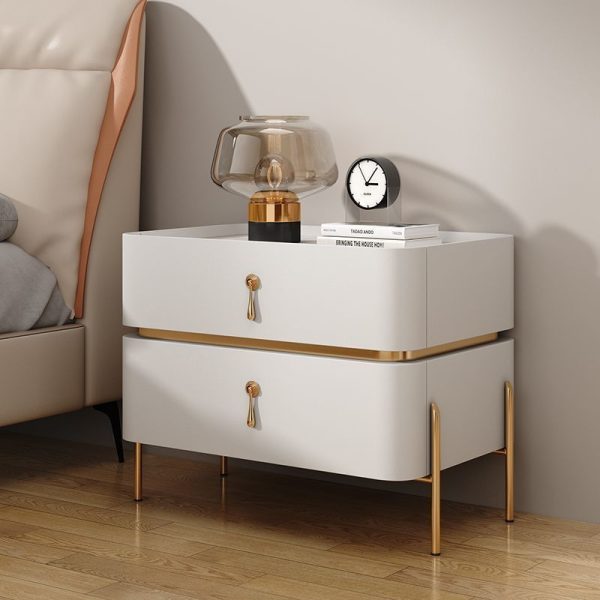 Modern Minimalist Carbon Steel, Rock Slab & Wood Rectangular Nightstand 2-Drawer For Bedroom & Living Room