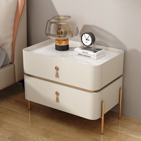 Modern Minimalist Carbon Steel, Rock Slab & Wood Rectangular Nightstand 2-Drawer For Bedroom & Living Room - Image 16