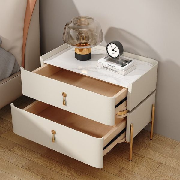 Modern Minimalist Carbon Steel, Rock Slab & Wood Rectangular Nightstand 2-Drawer For Bedroom & Living Room - Image 9