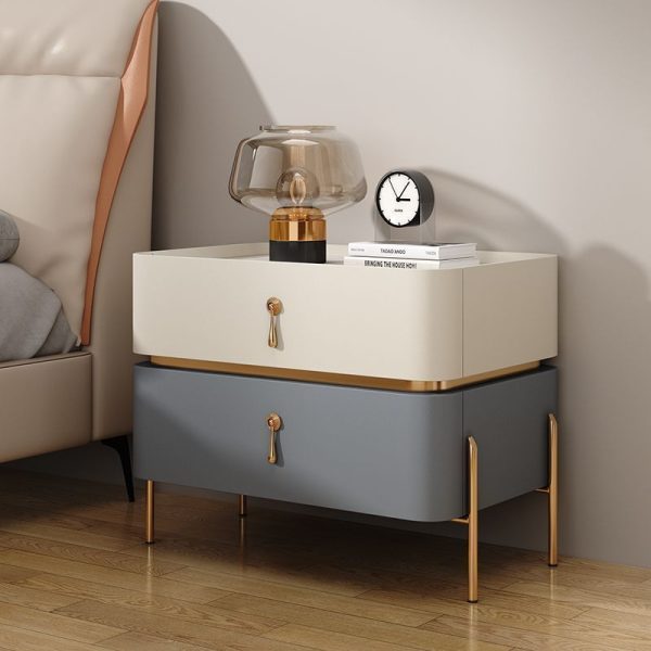 Modern Minimalist Carbon Steel, Rock Slab & Wood Rectangular Nightstand 2-Drawer For Bedroom & Living Room - Image 11