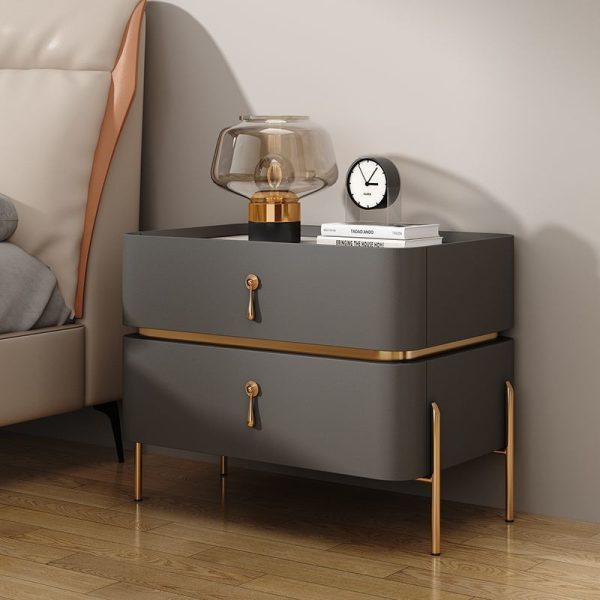 Modern Minimalist Carbon Steel, Rock Slab & Wood Rectangular Nightstand 2-Drawer For Bedroom & Living Room - Image 12