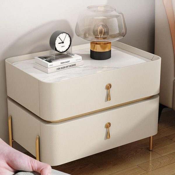 Modern Minimalist Carbon Steel, Rock Slab & Wood Rectangular Nightstand 2-Drawer For Bedroom & Living Room - Image 15