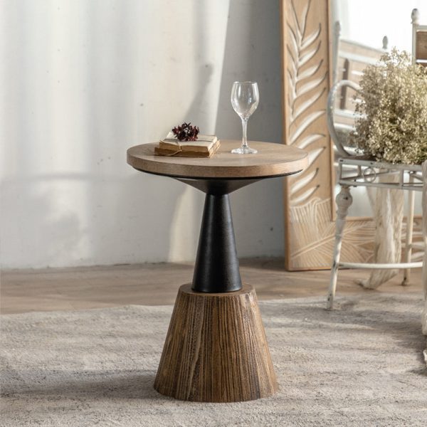 Traditional Rustic Wood & Iron Round Side Table For Bedroom & Living Room - Image 12