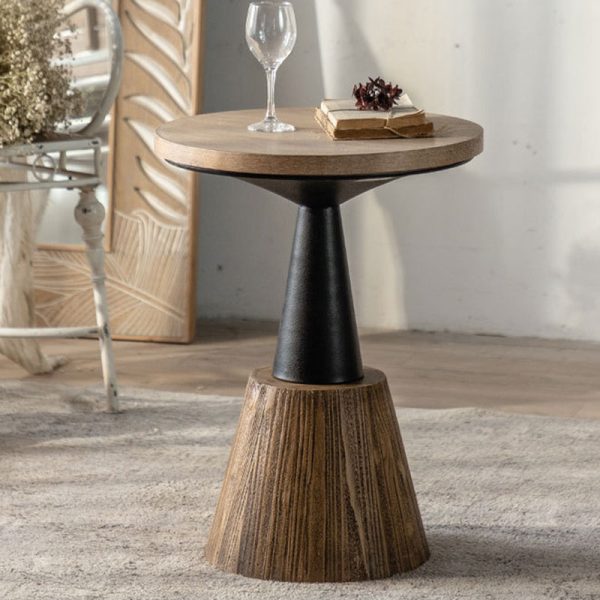 Traditional Rustic Wood & Iron Round Side Table For Bedroom & Living Room - Image 2