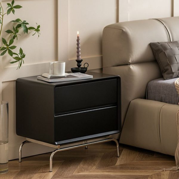Contemporary Nordic Wood & Stainless Steel Rectangular Nightstand With 2 Drawers For Bedroom & Living Room