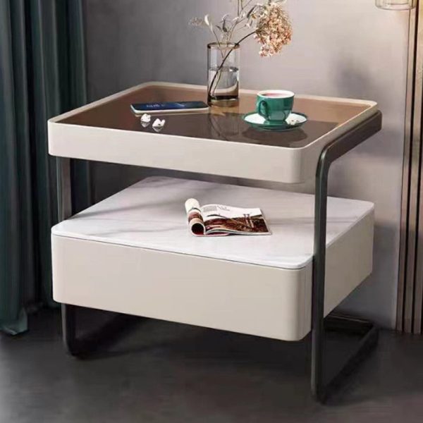 Modern Minimalist Rock Slab, Glass, PU Leather, Wood & Carbon Steel Rectangular Nightstand With 1-Drawer For Bedroom & Living Room