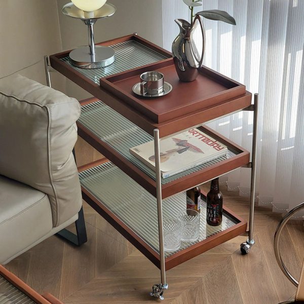 Traditional Vintage Wood, Glass & Stainless Steel Rectangular Side Table With 3-Tier Storage For Living Room & Bedroom - Image 8