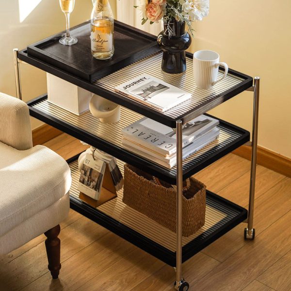 Traditional Vintage Wood, Glass & Stainless Steel Rectangular Side Table With 3-Tier Storage For Living Room & Bedroom