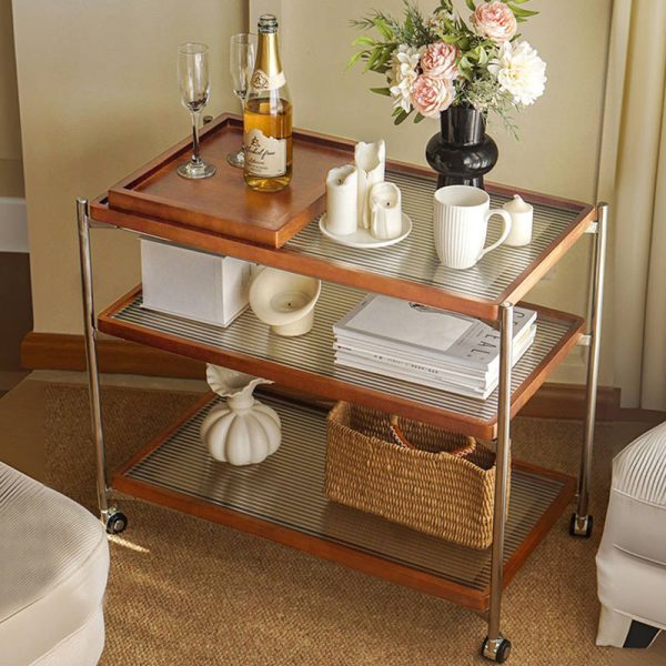 Traditional Vintage Wood, Glass & Stainless Steel Rectangular Side Table With 3-Tier Storage For Living Room & Bedroom - Image 2