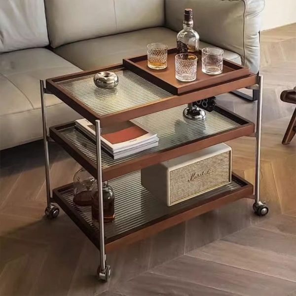 Traditional Vintage Wood, Glass & Stainless Steel Rectangular Side Table With 3-Tier Storage For Living Room & Bedroom - Image 3