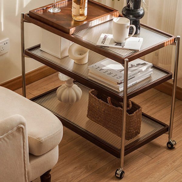 Traditional Vintage Wood, Glass & Stainless Steel Rectangular Side Table With 3-Tier Storage For Living Room & Bedroom - Image 6