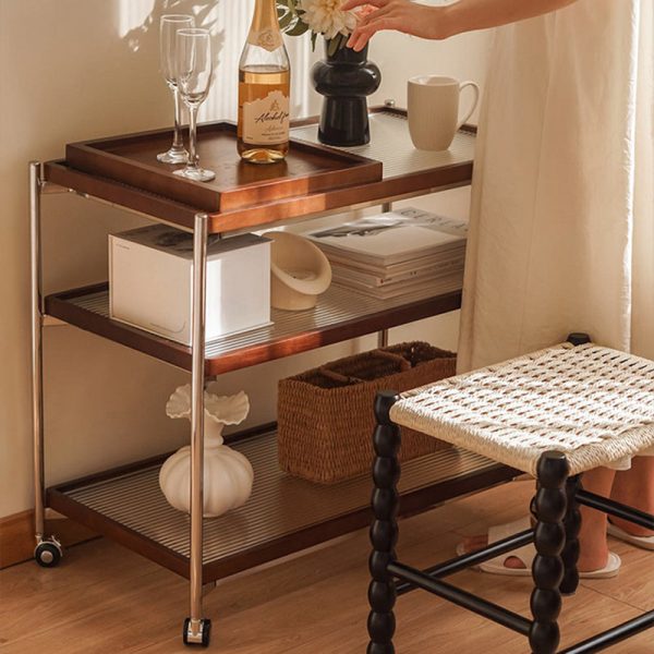 Traditional Vintage Wood, Glass & Stainless Steel Rectangular Side Table With 3-Tier Storage For Living Room & Bedroom - Image 7