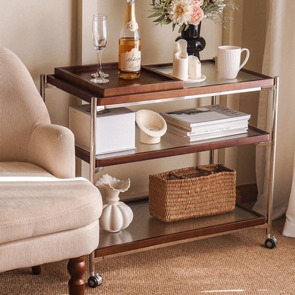 Traditional Vintage Wood, Glass & Stainless Steel Rectangular Side Table With 3-Tier Storage For Living Room & Bedroom - Image 10