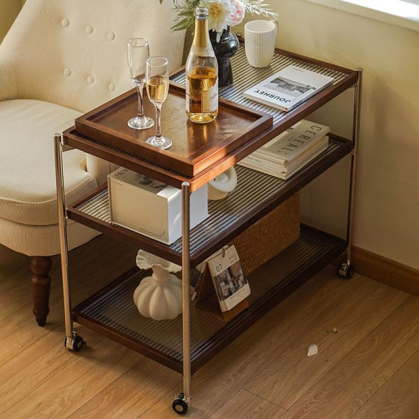 Traditional Vintage Wood, Glass & Stainless Steel Rectangular Side Table With 3-Tier Storage For Living Room & Bedroom - Image 9