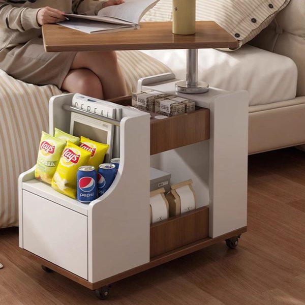 Contemporary Nordic Eco-Board & Stainless Steel Trapezoid Side Table With 1-Drawer And Rotatable Liftable Top For Bedroom & Living Room