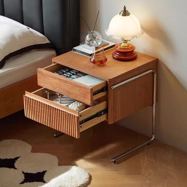 Contemporary Scandinavian Solid Wood Stainless Steel Striped Rectangular Nightstand With 2 Drawers For Bedroom - Image 2