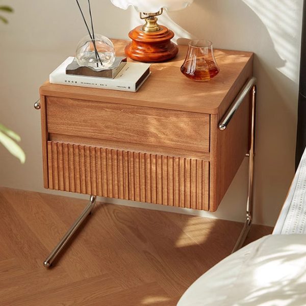 Contemporary Scandinavian Solid Wood Stainless Steel Striped Rectangular Nightstand With 2 Drawers For Bedroom - Image 10