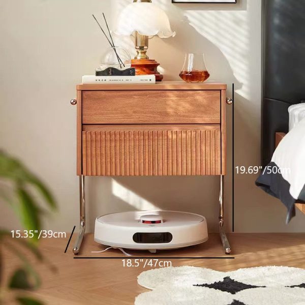 Contemporary Scandinavian Solid Wood Stainless Steel Striped Rectangular Nightstand With 2 Drawers For Bedroom - Image 4