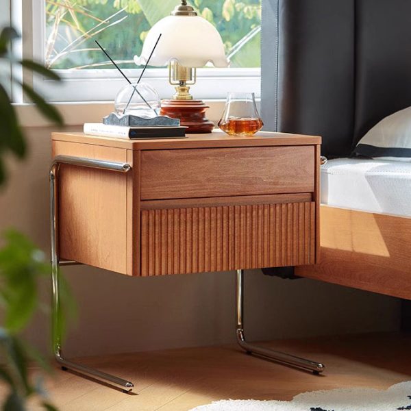 Contemporary Scandinavian Solid Wood Stainless Steel Striped Rectangular Nightstand With 2 Drawers For Bedroom - Image 9