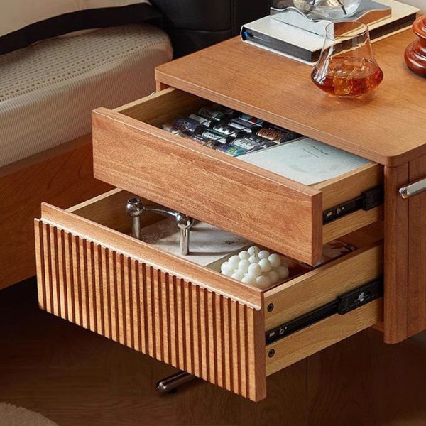 Contemporary Scandinavian Solid Wood Stainless Steel Striped Rectangular Nightstand With 2 Drawers For Bedroom - Image 7