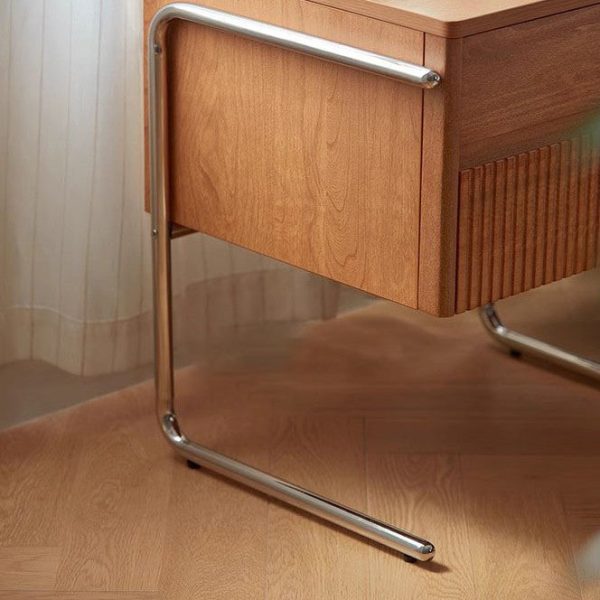 Contemporary Scandinavian Solid Wood Stainless Steel Striped Rectangular Nightstand With 2 Drawers For Bedroom - Image 8