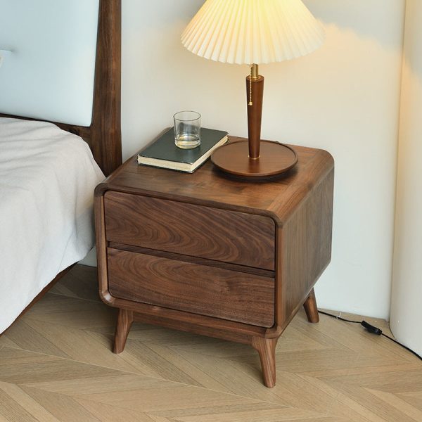 Modern Minimalist Black Walnut Rounded Square Nightstand With 2 Drawers For Bedroom - Image 2