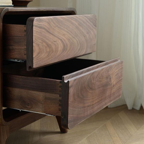 Modern Minimalist Black Walnut Rounded Square Nightstand With 2 Drawers For Bedroom - Image 5